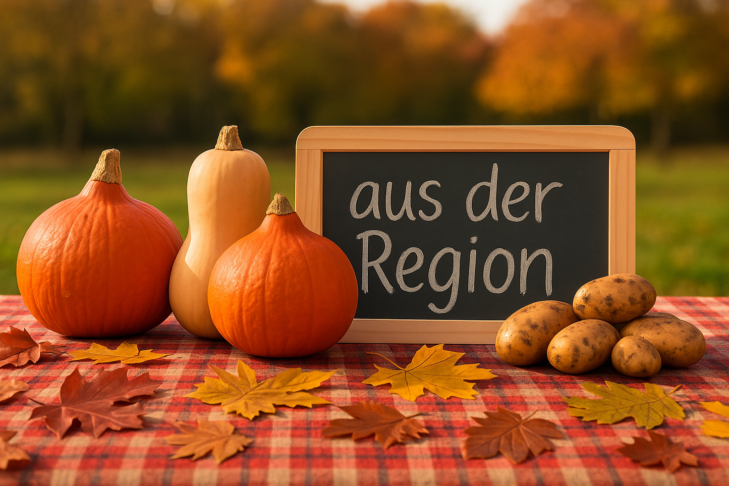 Tisch mit regionalen Herbst-Produkten vom Biolandhof Scharein