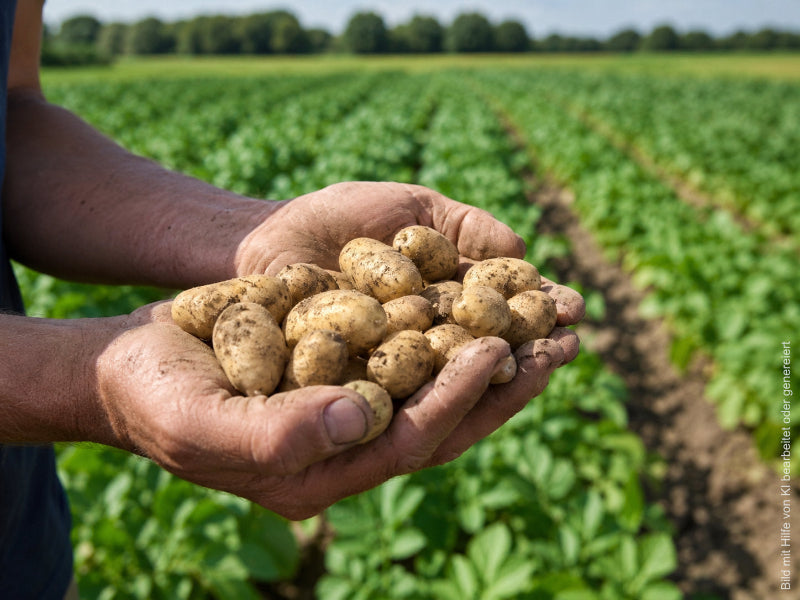 Eine Handvoll frisch geernteter Bio-Drillinge der Sorte Linda auf einem Kartoffelfeld