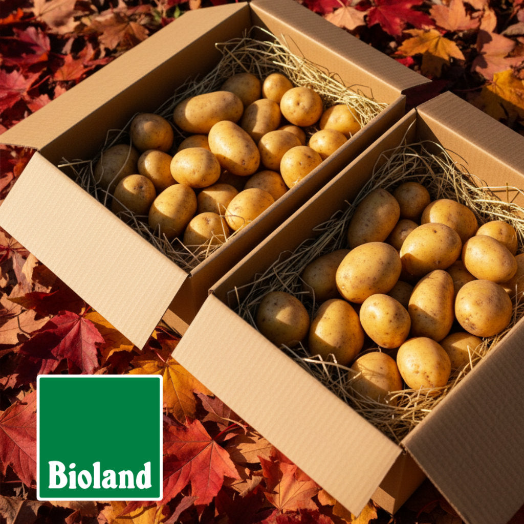 Kartons mit frischen Bioland Kartoffeln der Sorte Annabelle  auf Herbstlaub