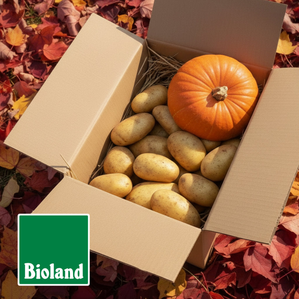 Kiste mit Bioland-Kartoffeln und einem Hokkaido Kürbis