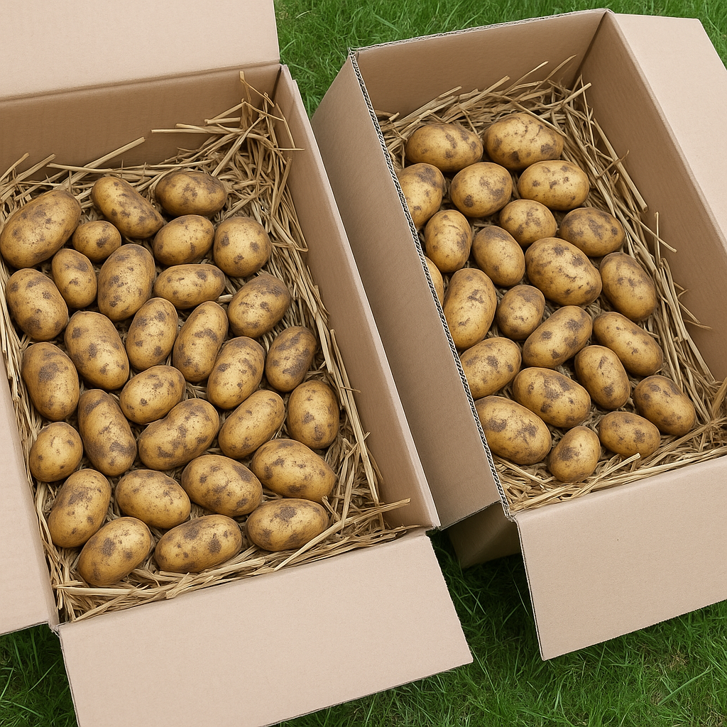 Zwei Kartons mit frischen Bioland Kartoffeln der Sorte Annabelle im Sommer